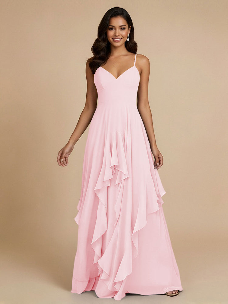 Chiffon A-Line Spaghetti Straps Long Bridesmaid Dresses with Ruffles