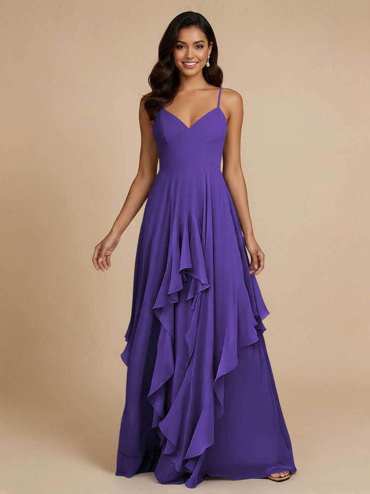 Chiffon A-Line Spaghetti Straps Long Bridesmaid Dresses with Ruffles
