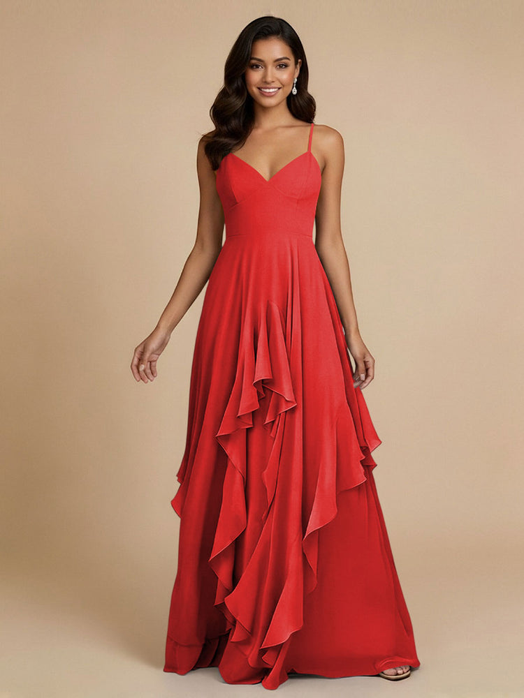 Chiffon A-Line Spaghetti Straps Long Bridesmaid Dresses with Ruffles