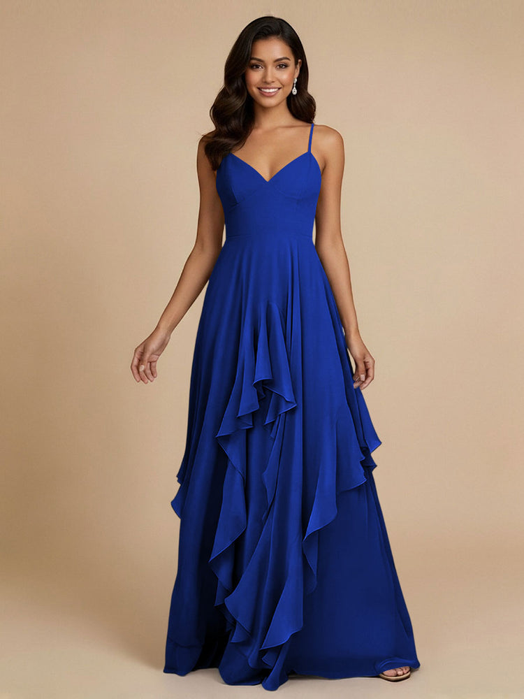 Chiffon A-Line Spaghetti Straps Long Bridesmaid Dresses with Ruffles