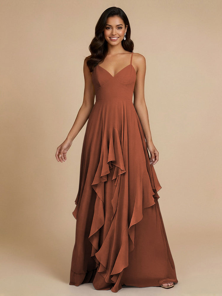Chiffon A-Line Spaghetti Straps Long Bridesmaid Dresses with Ruffles