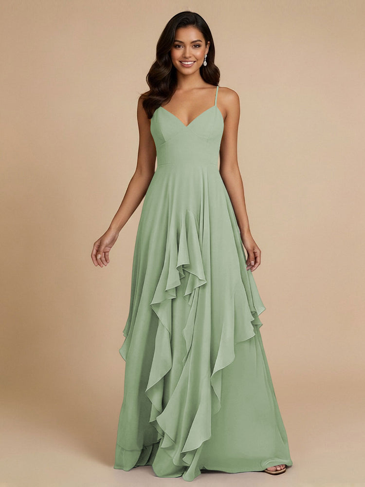 Chiffon A-Line Spaghetti Straps Long Bridesmaid Dresses with Ruffles