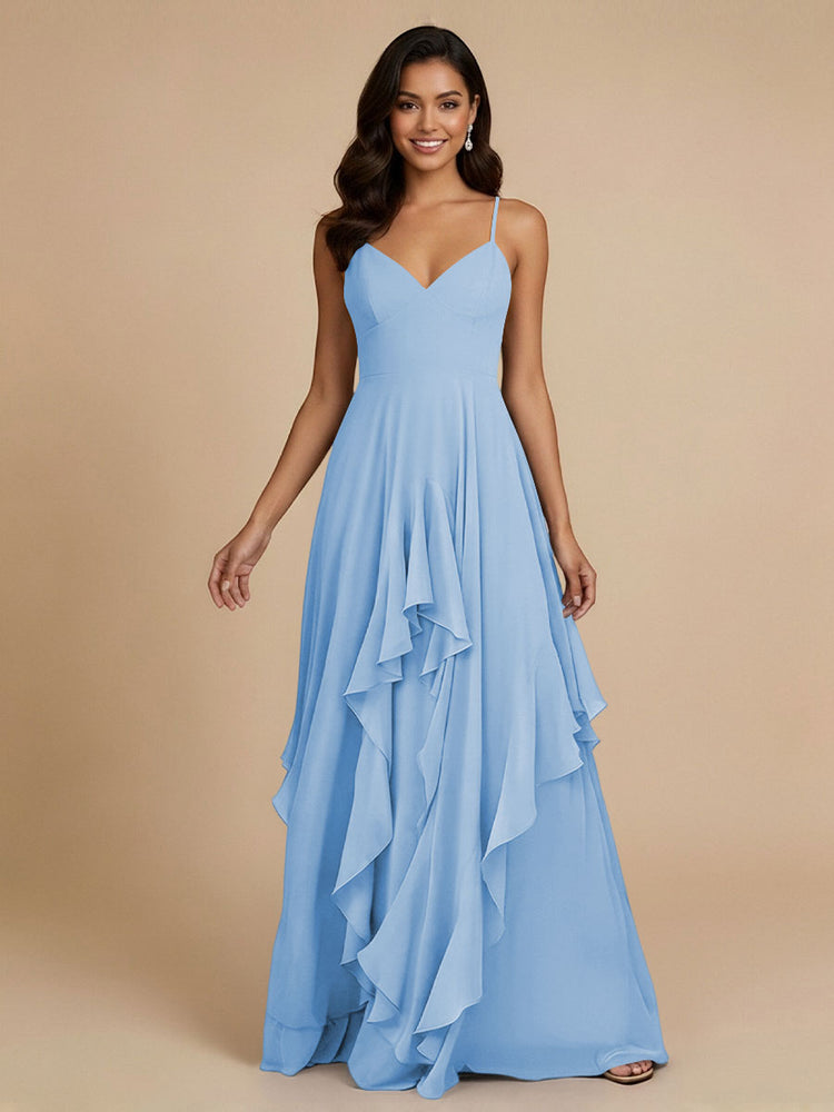 Chiffon A-Line Spaghetti Straps Long Bridesmaid Dresses with Ruffles