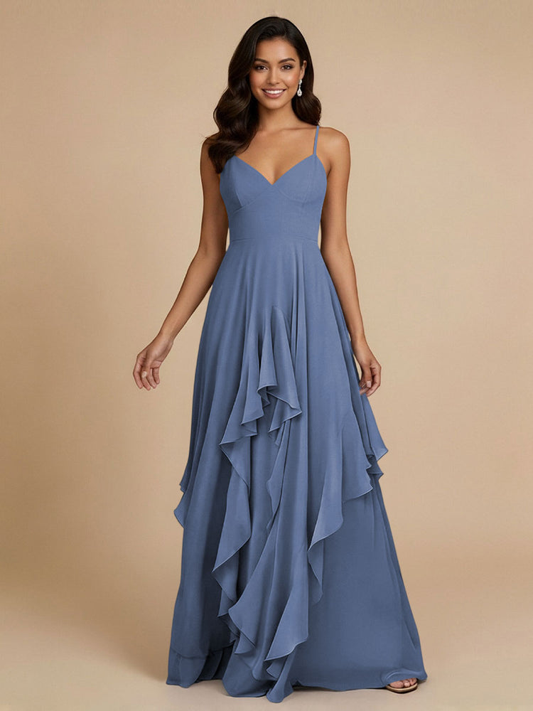 Chiffon A-Line Spaghetti Straps Long Bridesmaid Dresses with Ruffles