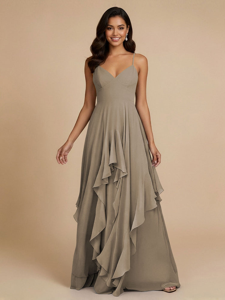 Chiffon A-Line Spaghetti Straps Long Bridesmaid Dresses with Ruffles
