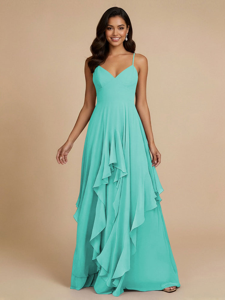 Chiffon A-Line Spaghetti Straps Long Bridesmaid Dresses with Ruffles