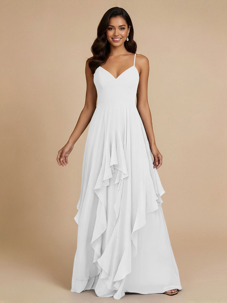 Chiffon A-Line Spaghetti Straps Long Bridesmaid Dresses with Ruffles