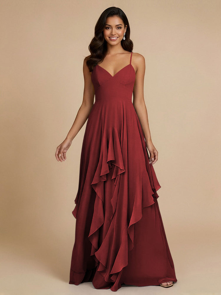 Chiffon A-Line Spaghetti Straps Long Bridesmaid Dresses with Ruffles