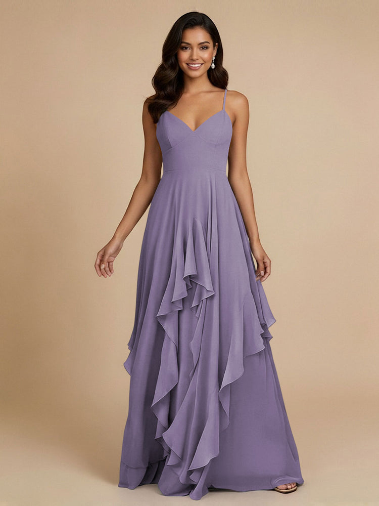 Chiffon A-Line Spaghetti Straps Long Bridesmaid Dresses with Ruffles