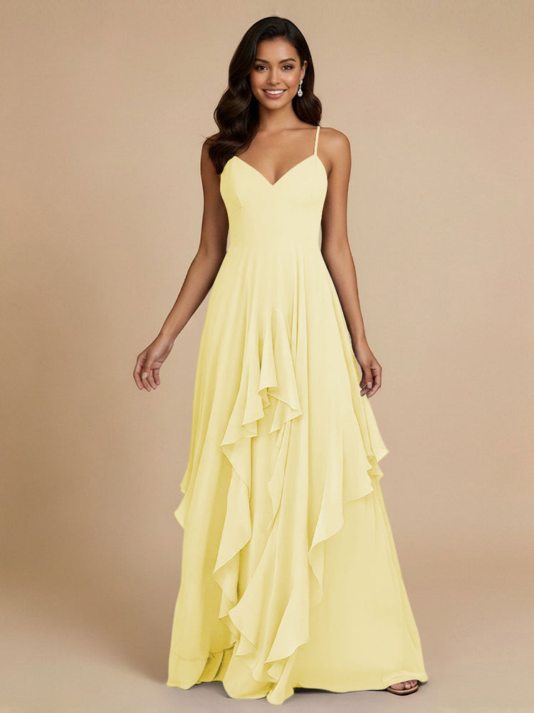 Chiffon A-Line Spaghetti Straps Long Bridesmaid Dresses with Ruffles