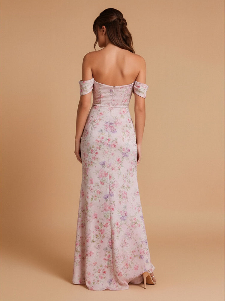 Floral Mermaid Off the Shoulder Long Bridesmaid Dresses with Side Slit