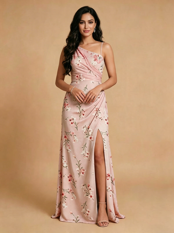 Floral Mermaid Asymmetric Neck Long Bridesmaid Dresses with Slit