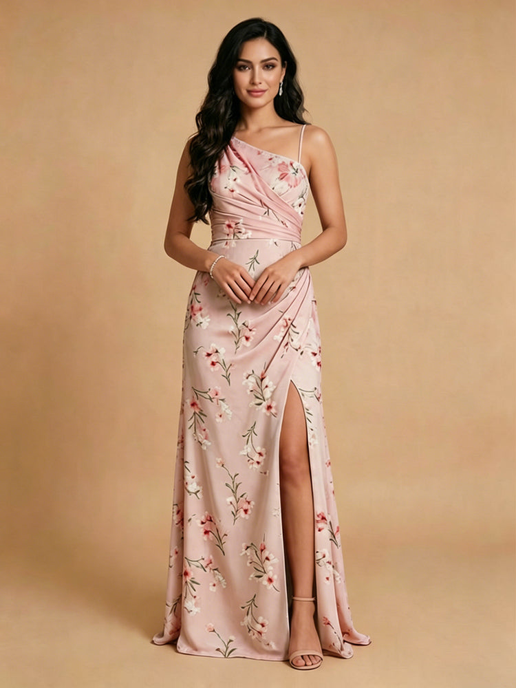 Floral Mermaid Asymmetric Neck Long Bridesmaid Dresses with Slit