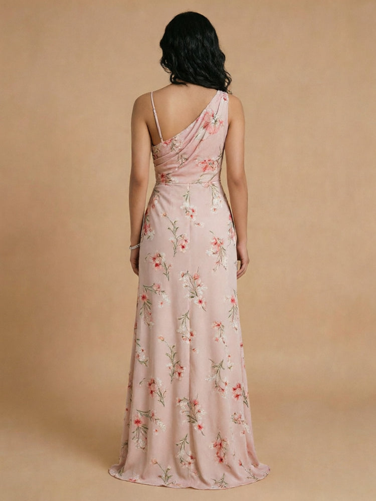 Floral Mermaid Asymmetric Neck Long Bridesmaid Dresses with Slit