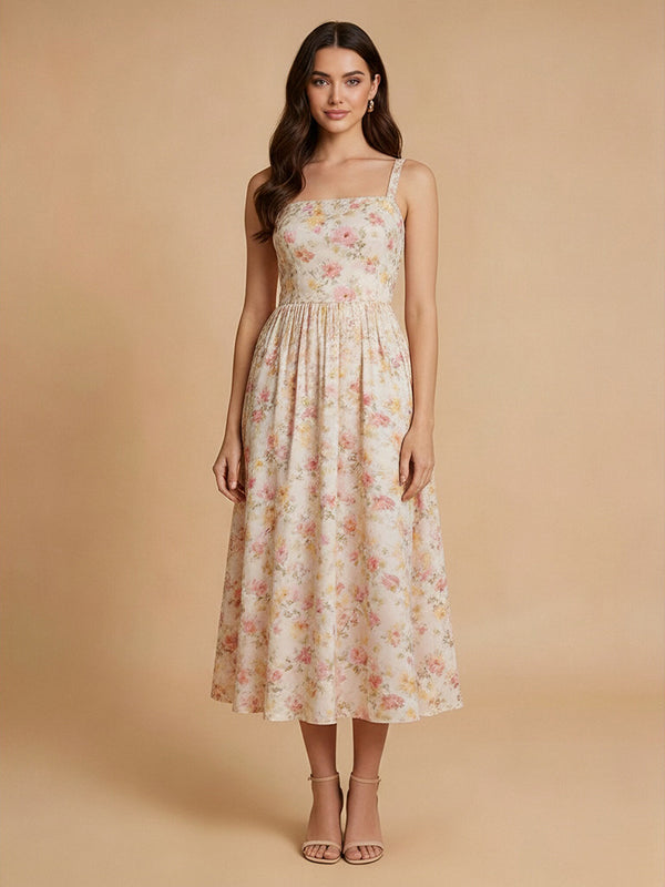 Chiffon Floral A-Line Spaghetti Straps Midi Bridesmaid Dresses with Pleats