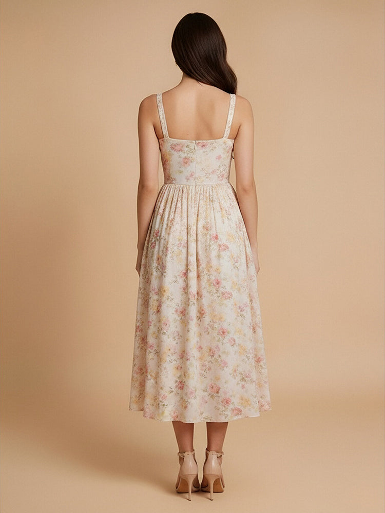 Chiffon Floral A-Line Spaghetti Straps Midi Bridesmaid Dresses with Pleats