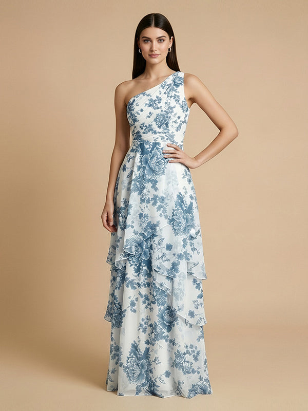 Chiffon Floral A-Line One Shoulder Long Bridesmaid Dresses with Ruffles