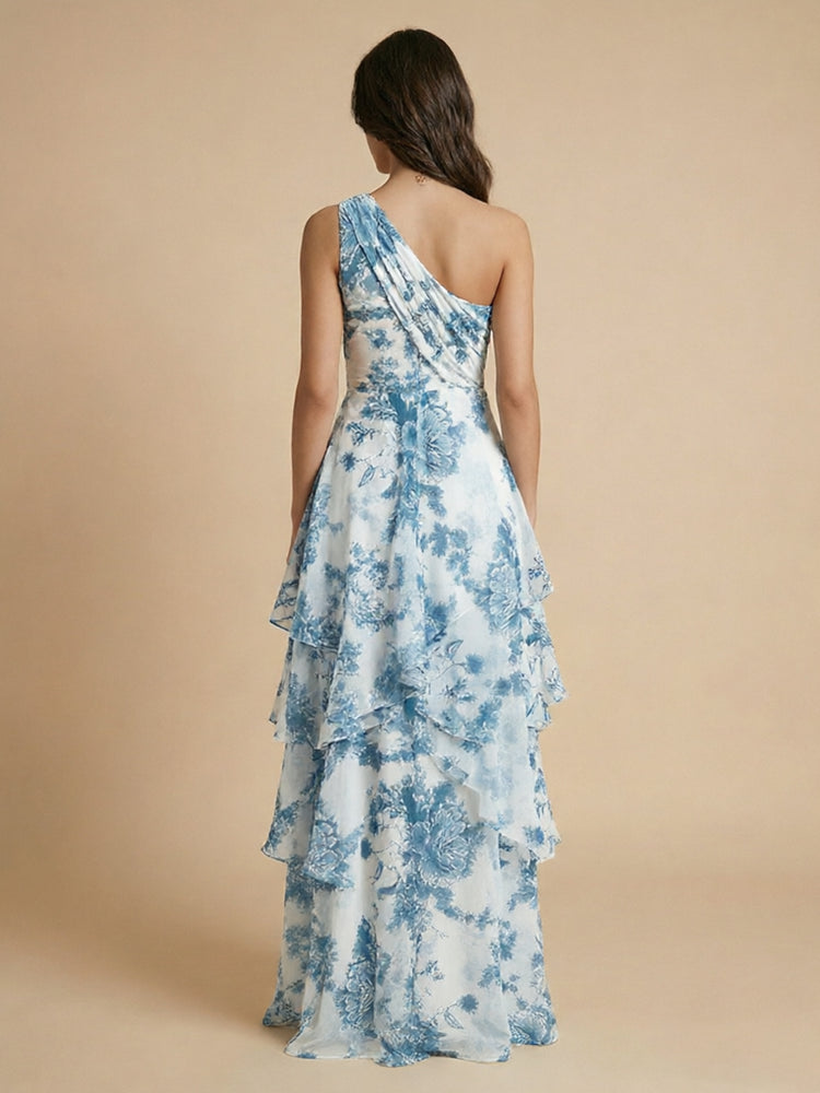 Chiffon Floral A-Line One Shoulder Long Bridesmaid Dresses with Ruffles