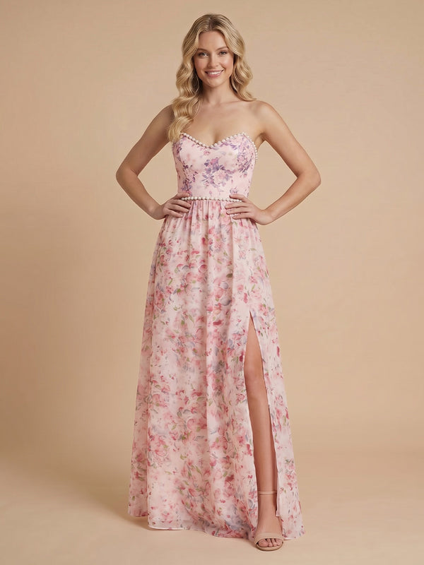 Chiffon Floral A-Line Sweetheart Long Beaded Bridesmaid Dresses with Slit