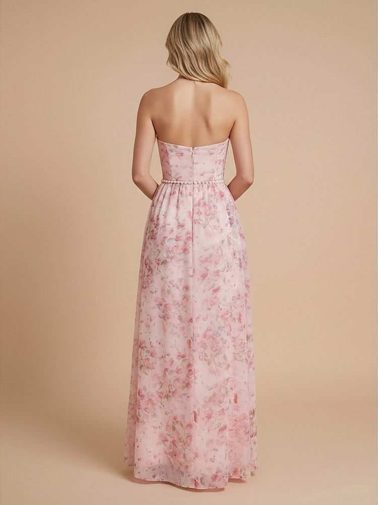 Chiffon Floral A-Line Sweetheart Long Beaded Bridesmaid Dresses with Slit
