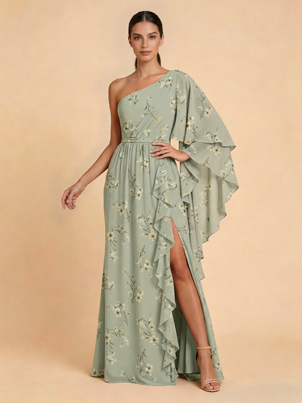 Chiffon Floral Mermaid One Shoulder Long Bridesmaid Dresses with Slit
