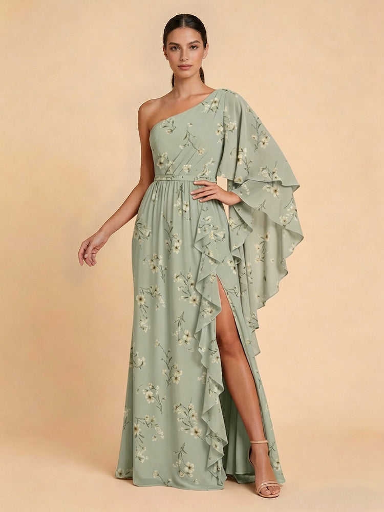 Chiffon Floral Mermaid One Shoulder Long Bridesmaid Dresses with Slit
