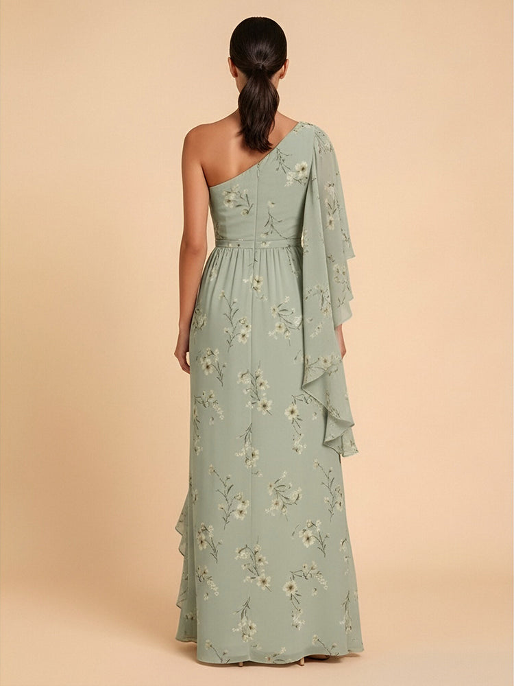 Chiffon Floral Mermaid One Shoulder Long Bridesmaid Dresses with Slit