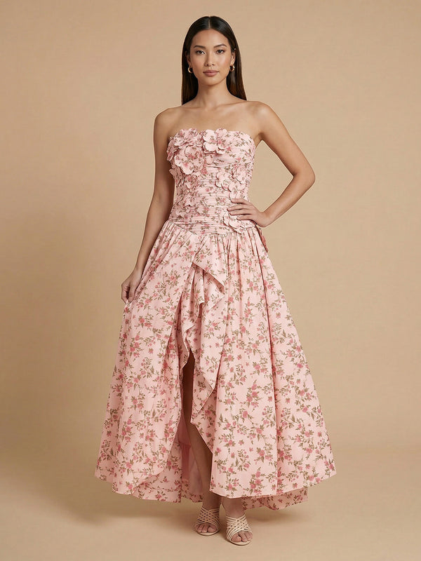 Satin A-Line Strapless Long Bridesmaid Dresses with 3D Flowers