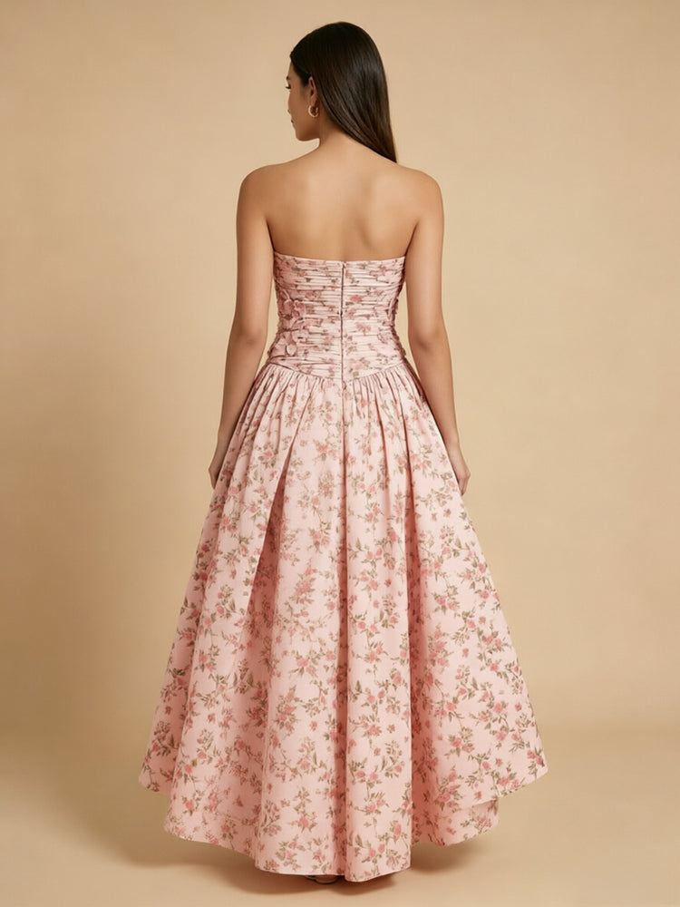 Satin A-Line Strapless Long Bridesmaid Dresses with 3D Flowers
