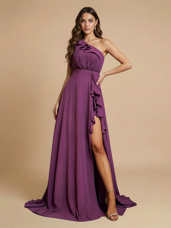 Satin A-Line One Shoulder Long Bridesmaid Dresses with Front Slit