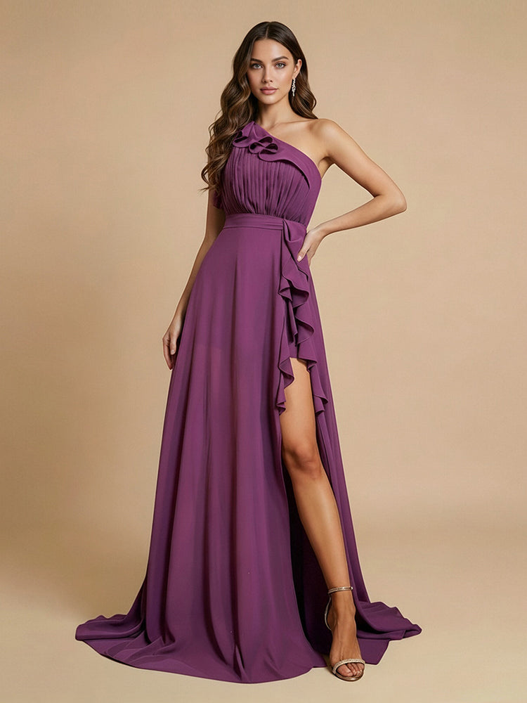 Satin A-Line One Shoulder Long Bridesmaid Dresses with Front Slit