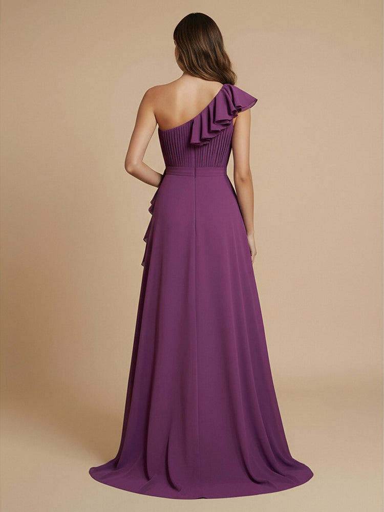 Satin A-Line One Shoulder Long Bridesmaid Dresses with Front Slit