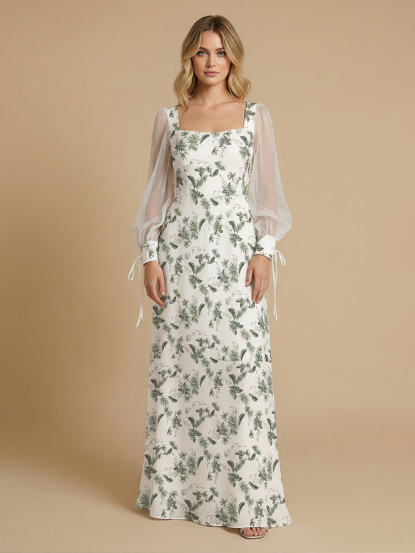 Floral A-Line Square Neck Long Sheer Sleeves Bridesmaid Dresses