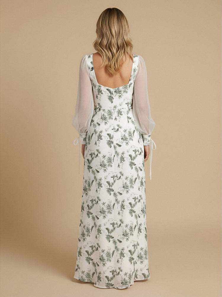 Floral A-Line Square Neck Long Sheer Sleeves Bridesmaid Dresses