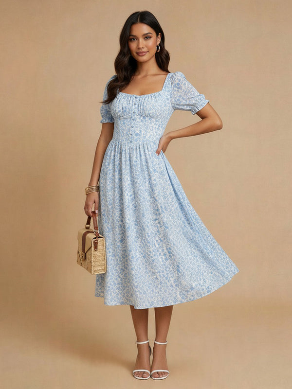 Floral A-Line Square Neck Midi Bridesmaid Dresses with Pleats