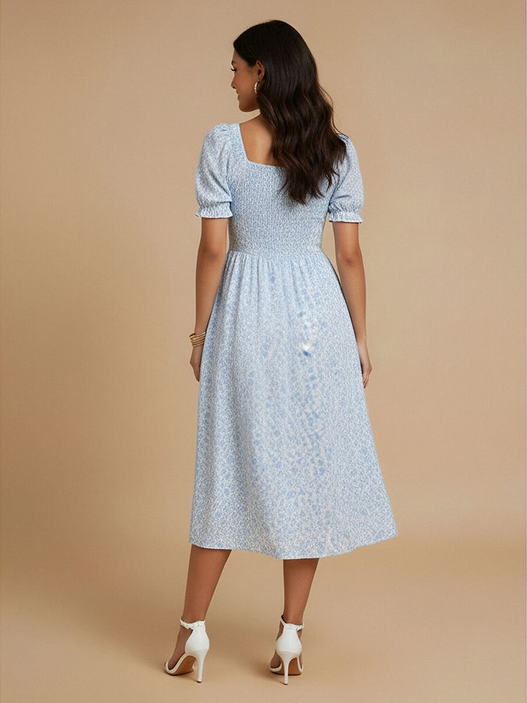 Floral A-Line Square Neck Midi Bridesmaid Dresses with Pleats