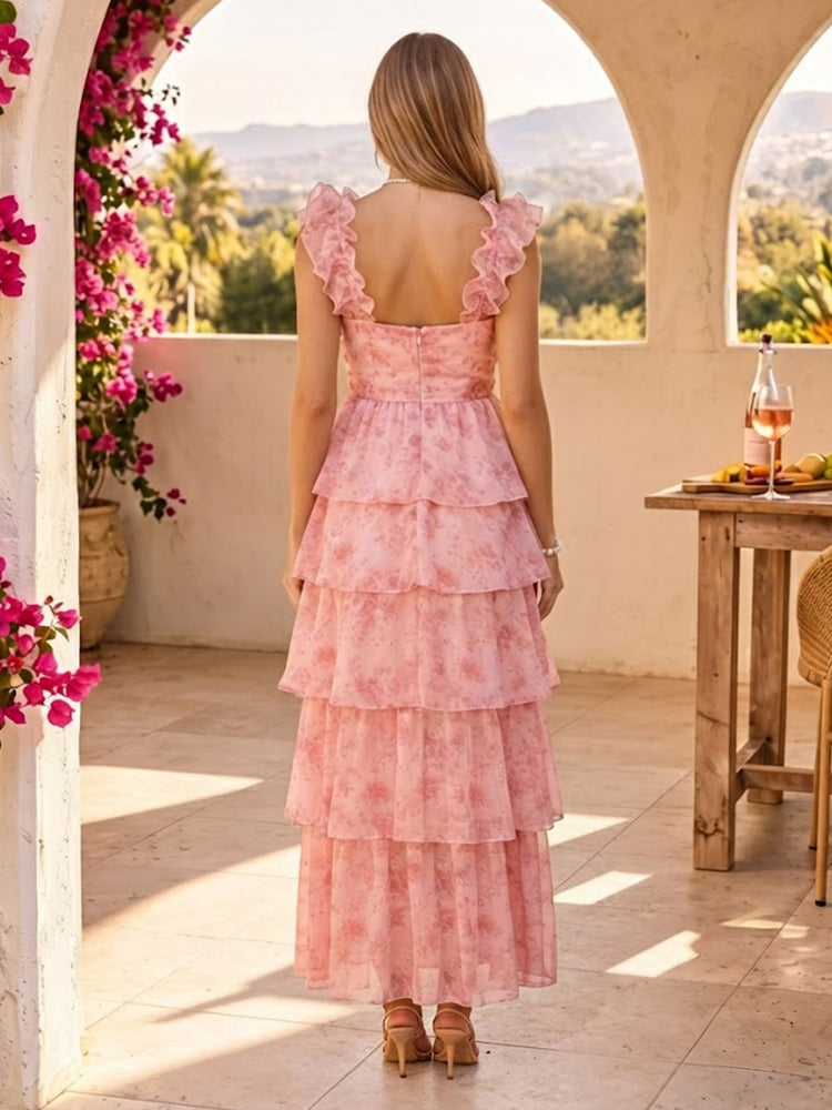 Chiffon Floral A-Line V Neck Long Bridesmaid Dresses with Tiered