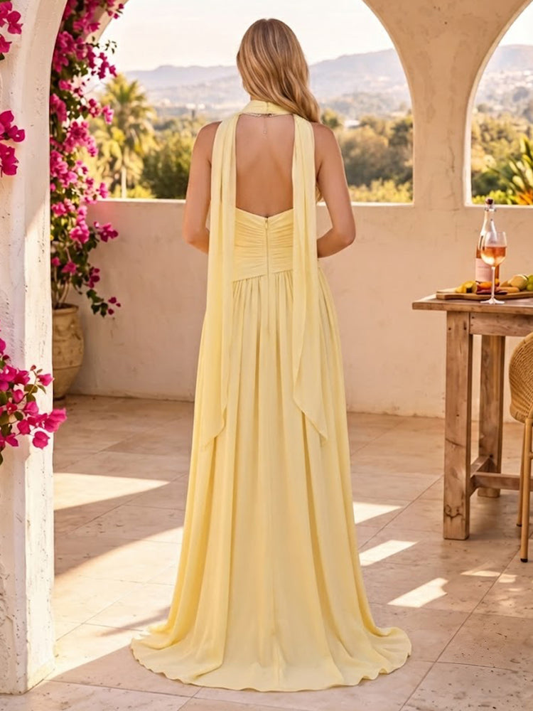 Chiffon A-Line Strapless Long Bridesmaid Dresses with Scarf