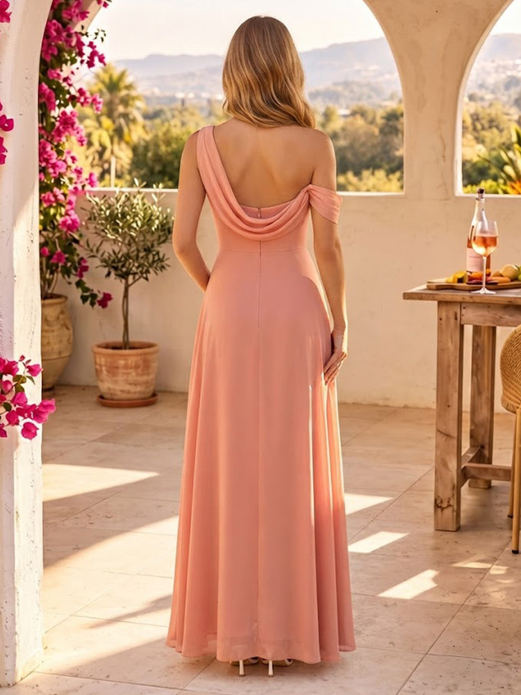 Chiffon A-Line One Shoulder Long Bridesmaid Dresses with Slit