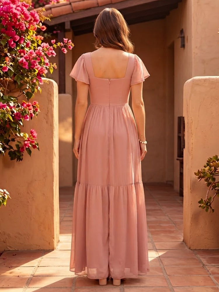 Chiffon A-Line Square Neck Long Bridesmaid Dresses with Slit