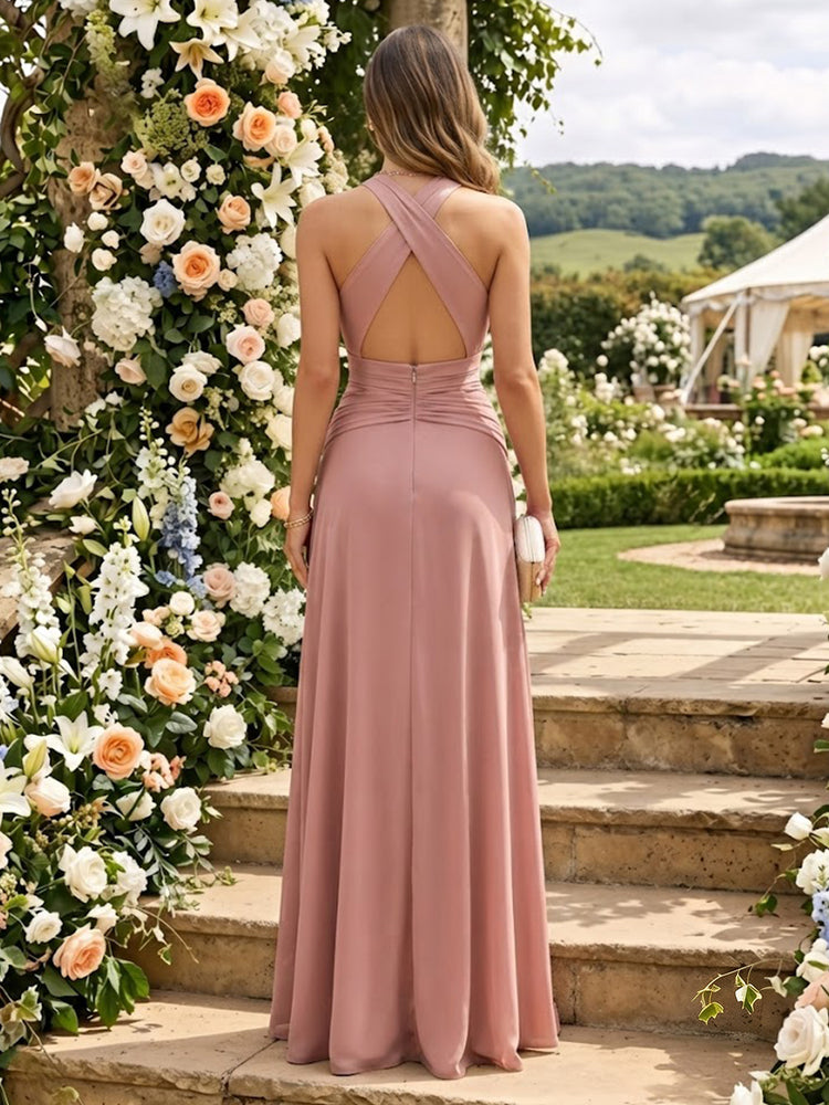 Satin Mermaid Halter Long Bridesmaid Dresses with Slit