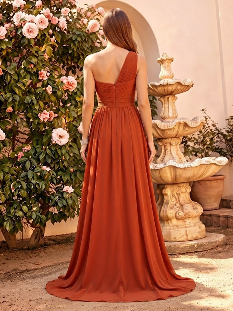 Chiffon A-Line One Shoulder Long Bridesmaid Dresses with Slit