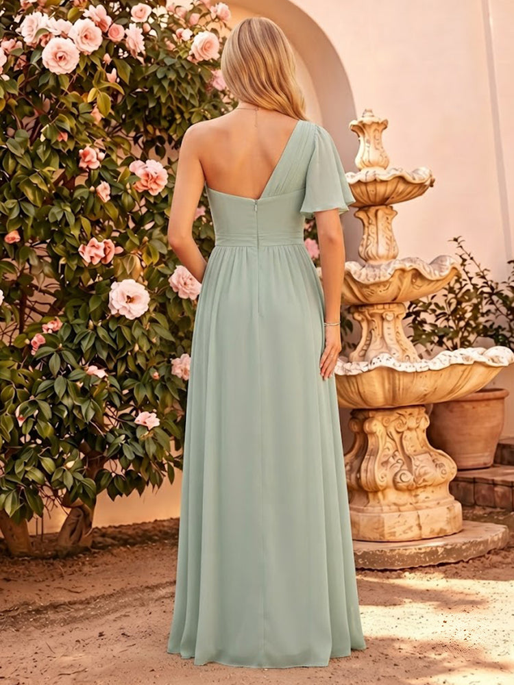 Chiffon A-Line One Shoulder Long Bridesmaid Dresses with Slit