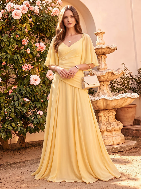 Chiffon A-Line V Neck Long Bridesmaid Dresses with Pleated