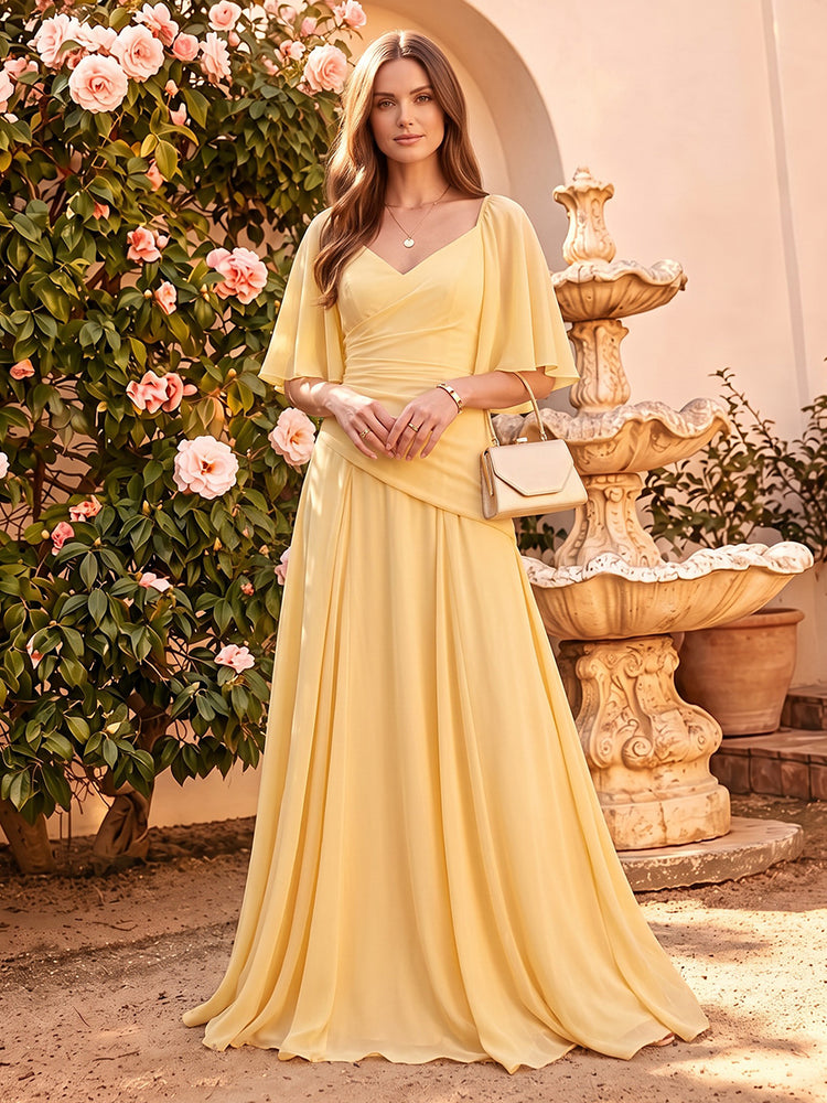 Chiffon A-Line V Neck Long Bridesmaid Dresses with Pleated