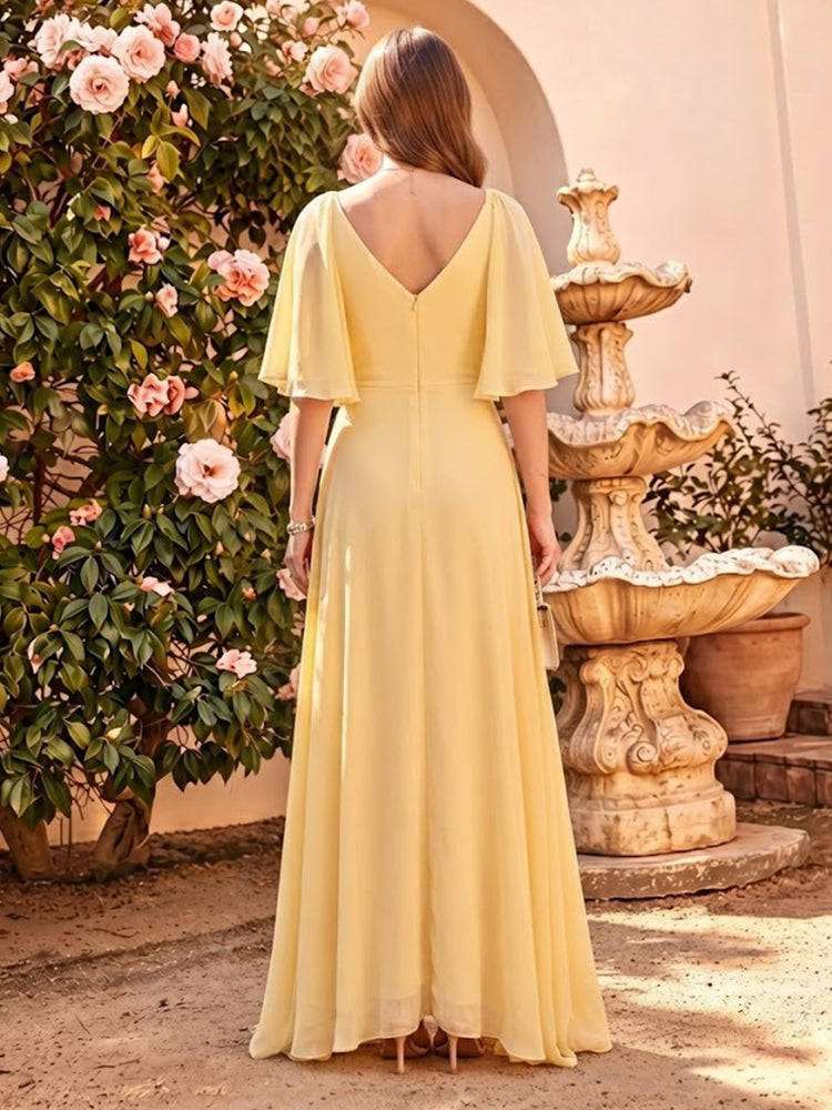 Chiffon A-Line V Neck Long Bridesmaid Dresses with Pleated