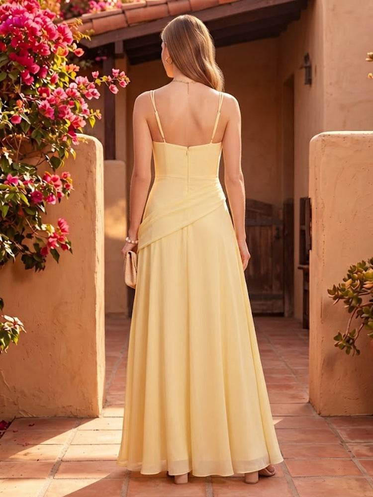 Chiffon A-Line V Neck Long Bridesmaid Dresses with Pleated