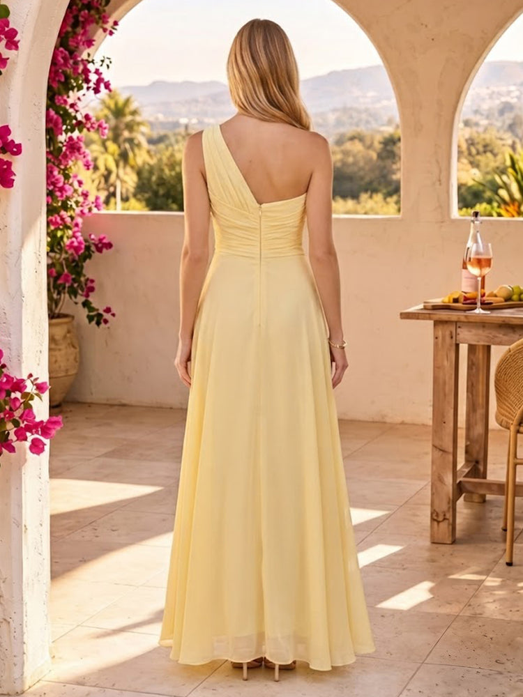 Chiffon A-Line One Shoulder Long Bridesmaid Dresses with Pleated