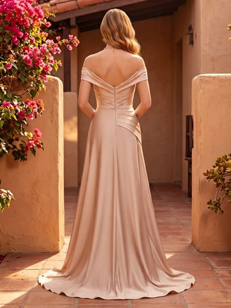 Satin A-Line Off the Shoulder Long Bridesmaid Dresses with Pleated
