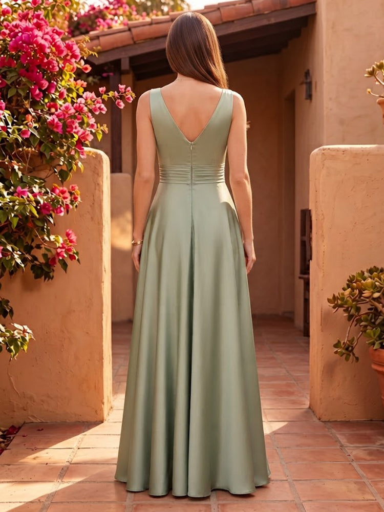 Satin A-Line V Neck Long Bridesmaid Dresses with Pleated